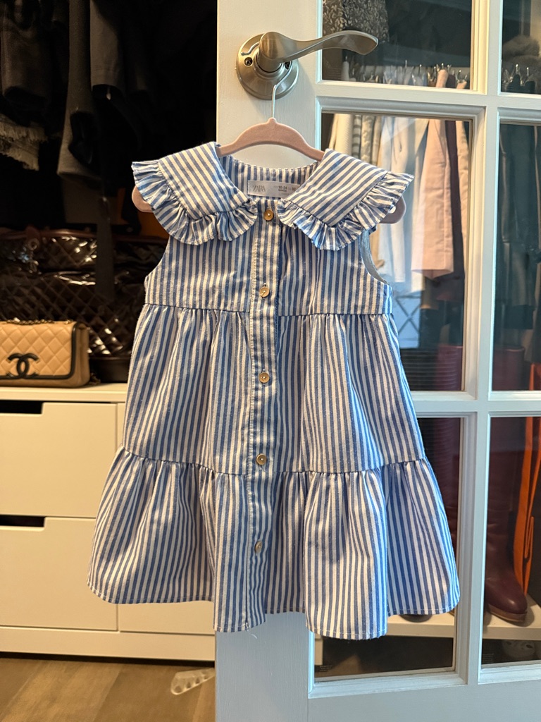Zara Blue And White Striped Ruffle-Collar Tiered Dress